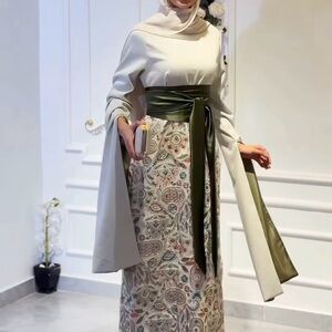 Elegant Cream and Olive Green Dress with Paisley Skirt